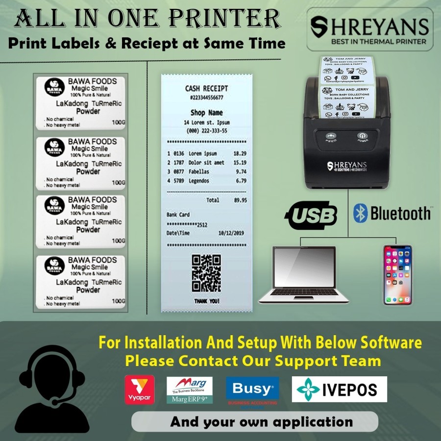 58D Portable Bluetooth & USB Thermal Label and Receipt Printer (2-Inch / 58mm) | Inkless Billing & Barcode Printer for Retail & Mobile Use