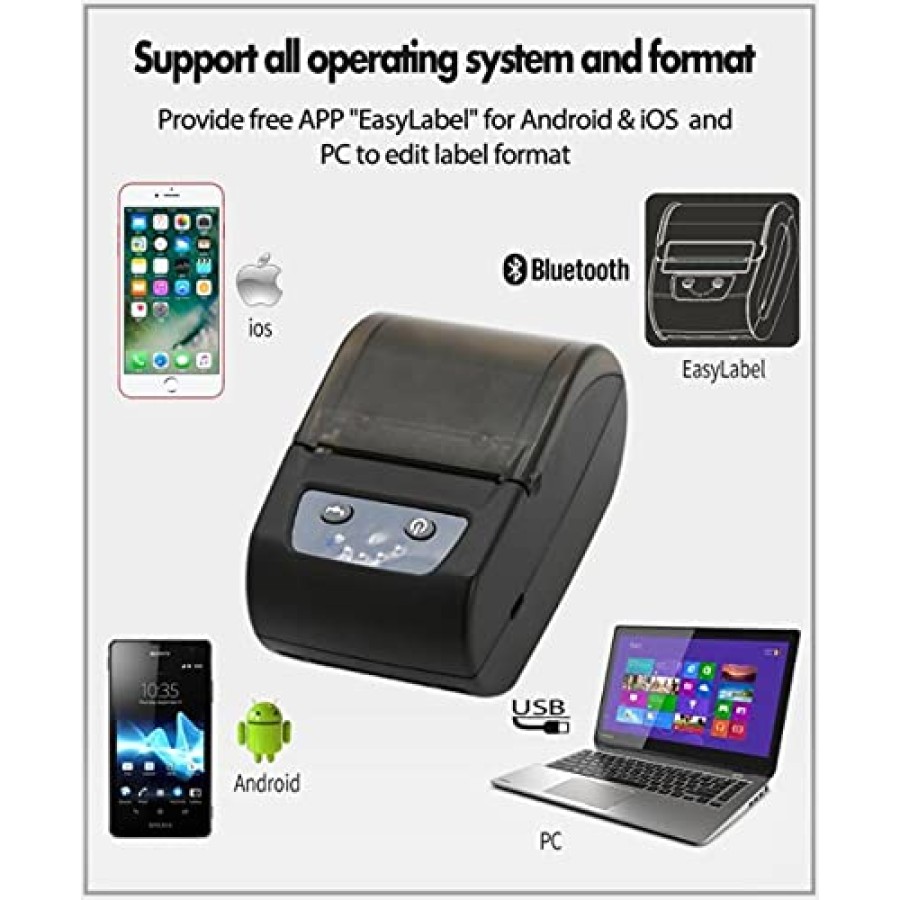 58D Portable Bluetooth & USB Thermal Label and Receipt Printer (2-Inch / 58mm) | Inkless Billing & Barcode Printer for Retail & Mobile Use