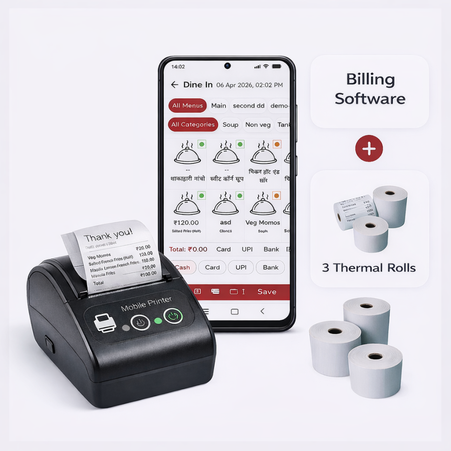 Chota Billing Machine with Software + 3 Thermal Rolls | Portable POS Billing Printer